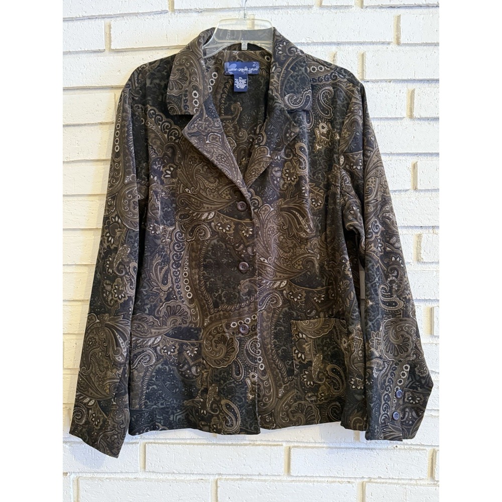 Susan Graver Dark Green Paisley Print Jacket Womens‎ Sz XL Button Up Pockets